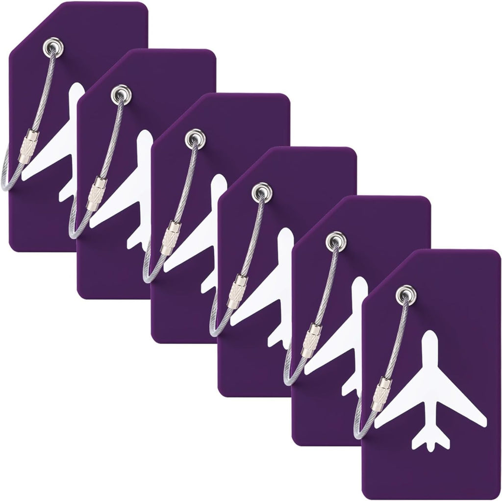 6 Pack Silicone Luggage Tag for Suitcases with Stainless Loop, Privacy Protection Travel Bag Tags Perfect to Quickly Spot Baggage Handbag (Dark Purple)