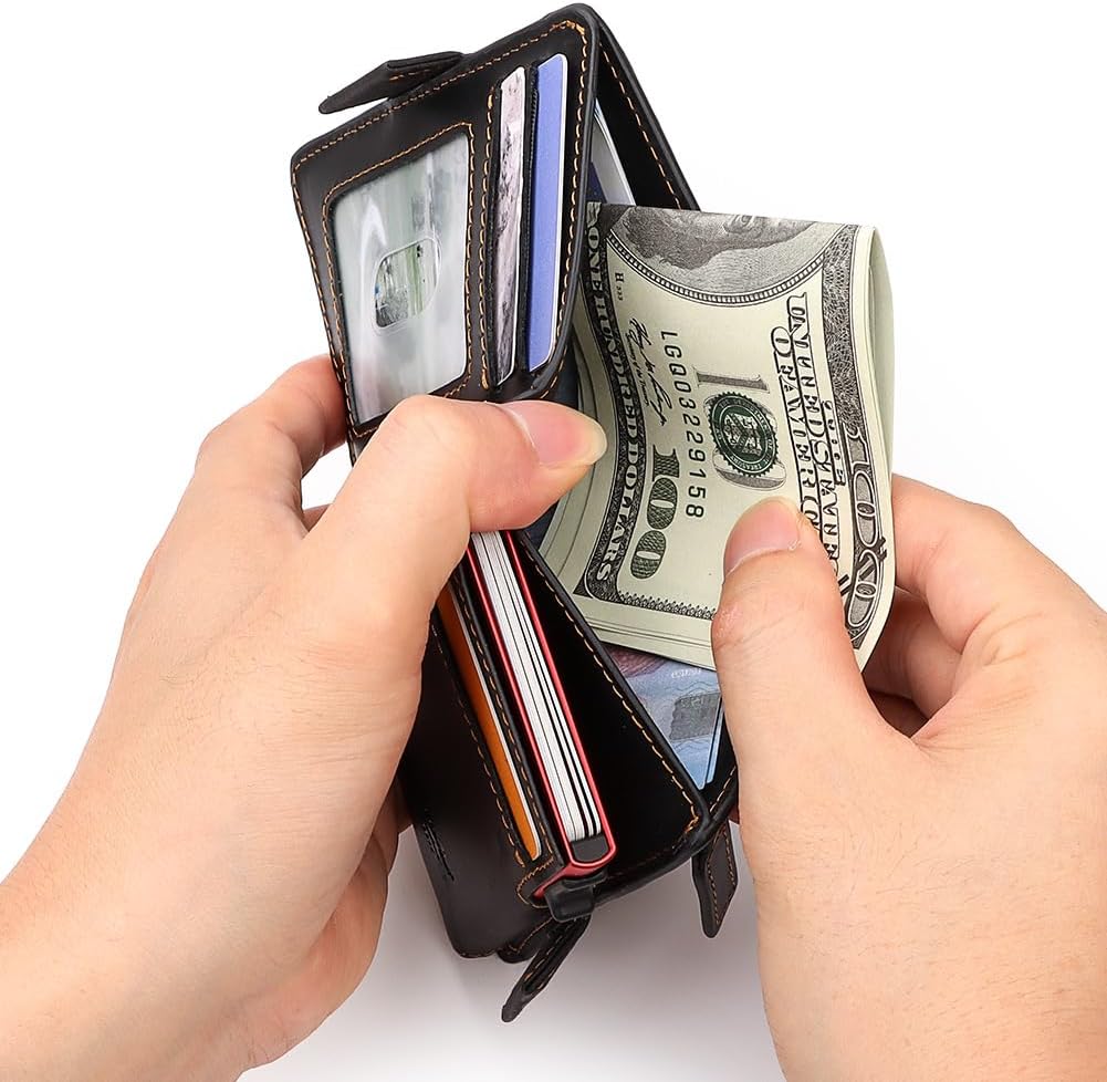 Mens Wallet Card Holder: Pop Up Aluminum Case, Genuine Leather, Smart, RFID Blocking, Slim, Minimalist, Front Pocket - 9-12Capacity | ID Window | Cash Slot