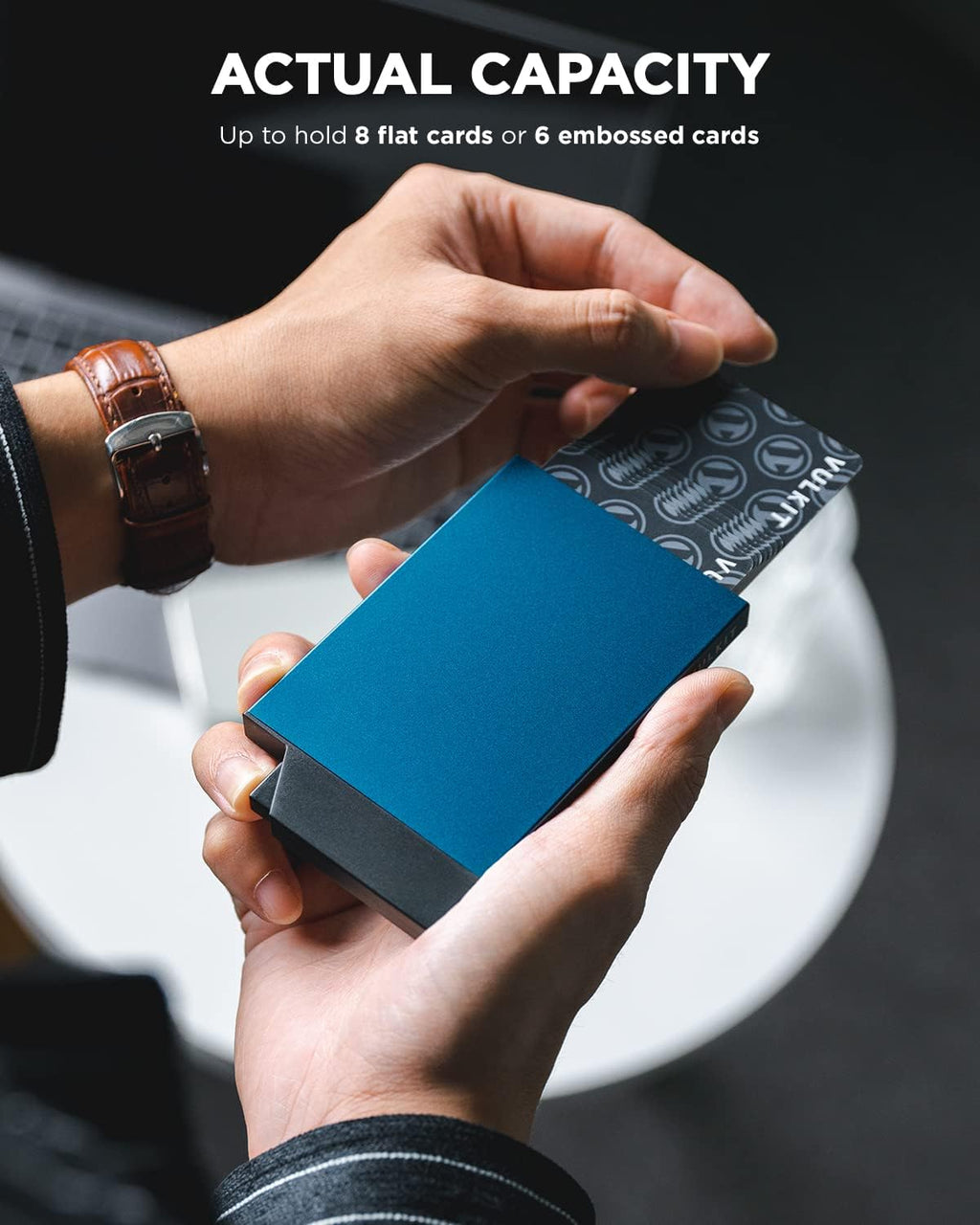 VULKIT Pop up Card Holder Minimalist Credit Card Holder RFID Blocking Slim Metal Card Case for Men or Women(Navy)