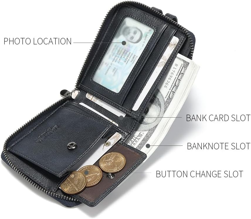 Men's brand buckle driver's license zipper genuine leather wallet, large capacity, multifunctional coin pocket (Bluish grey)