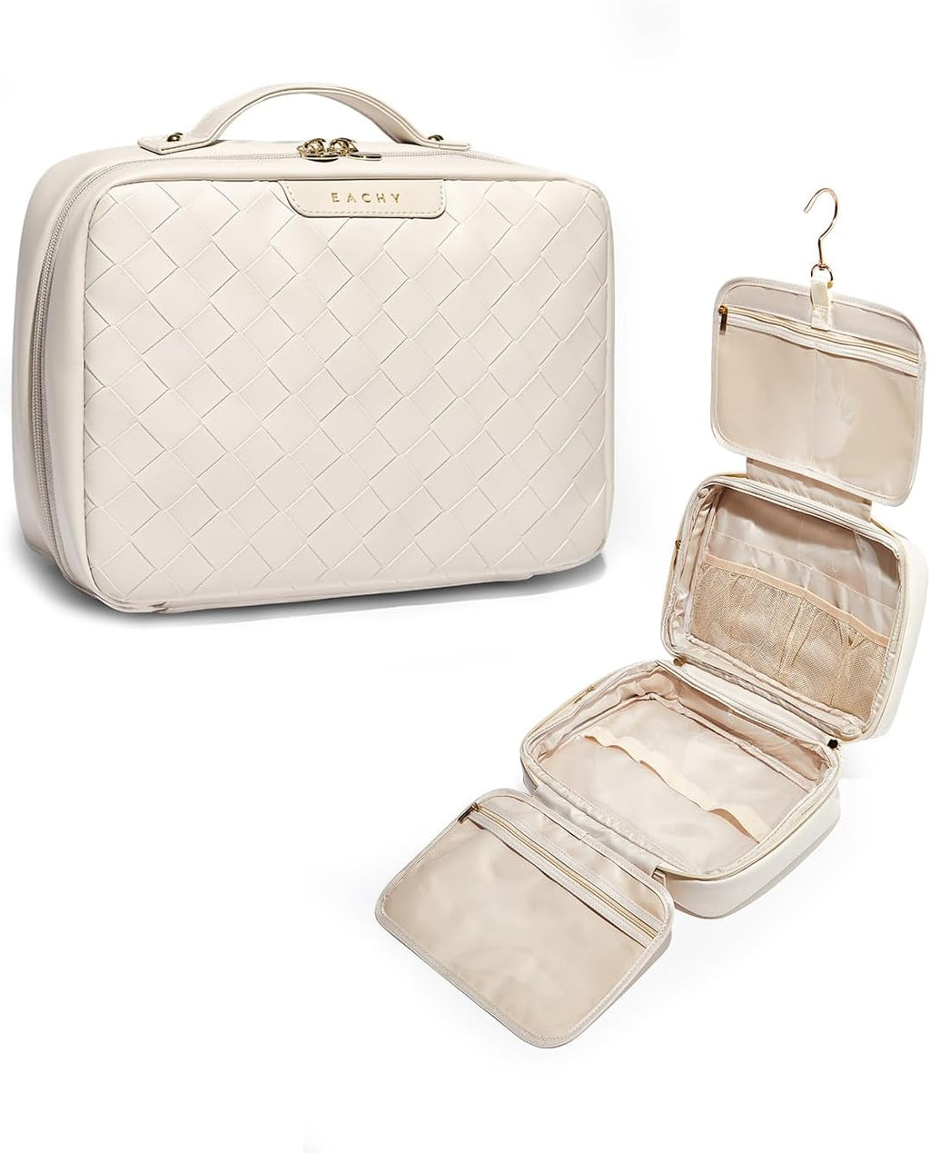 EACHY Travel Toiletry Bag with Hanging Hook, Portable Makeup Cosmetic Bags for Women, Water-Resistant Full-Size Travel Accessories (Plait White)