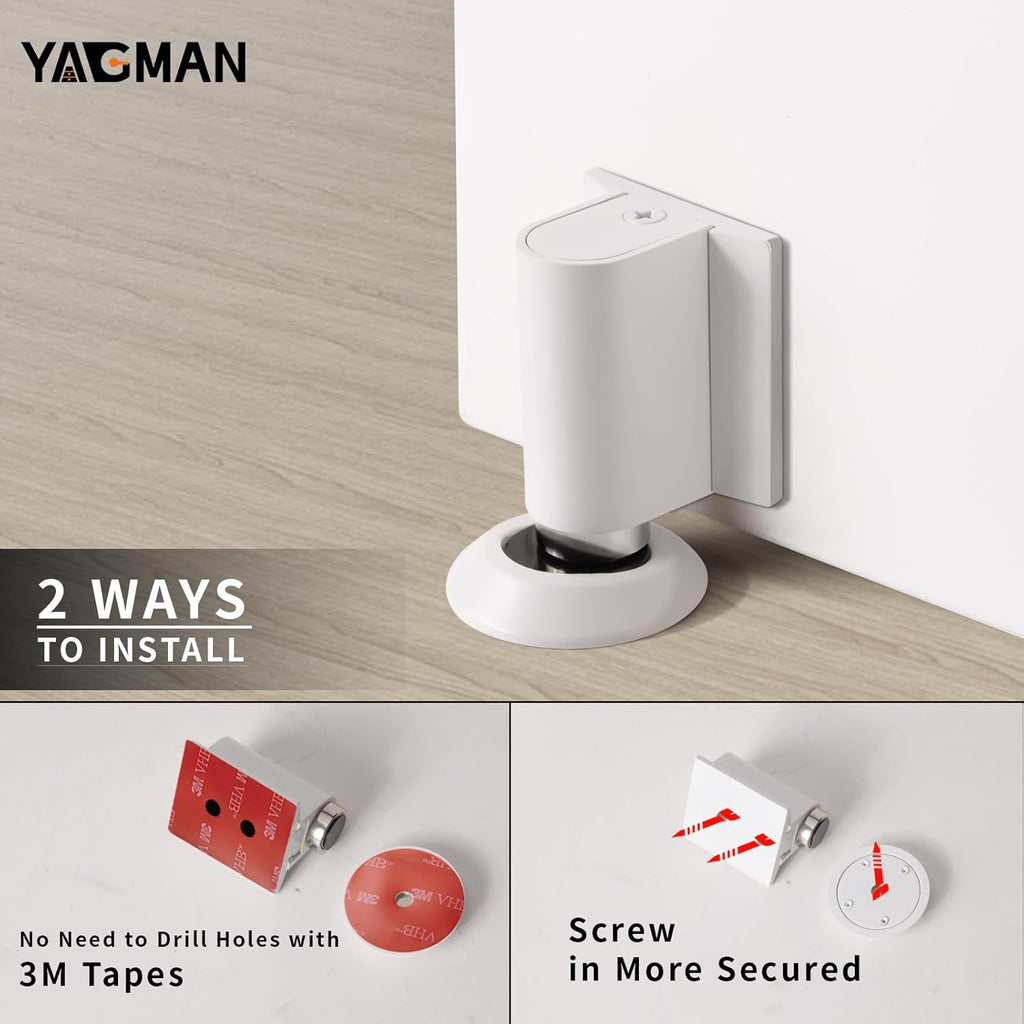 1 Pack Magnetic Door Stoppers Retractable Bottom of Door Holder No Drilling Mount Floor Door Stop with Screws and Adhesive Catch Door Keep Door Open White WT-1