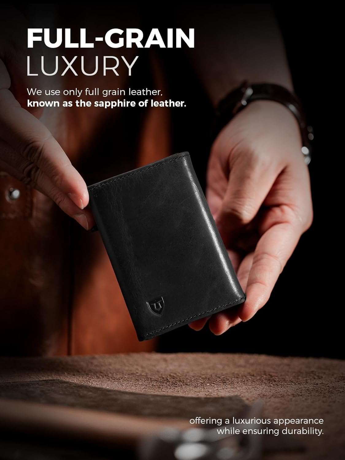 LORZOR Minimalist Wallet for Men with Credit Card Holder, Finest Full Grain Leather, Pop up Smart Wallet, Trifold Slim Wallet, RFID Blocking, Front Pocket, ID Window