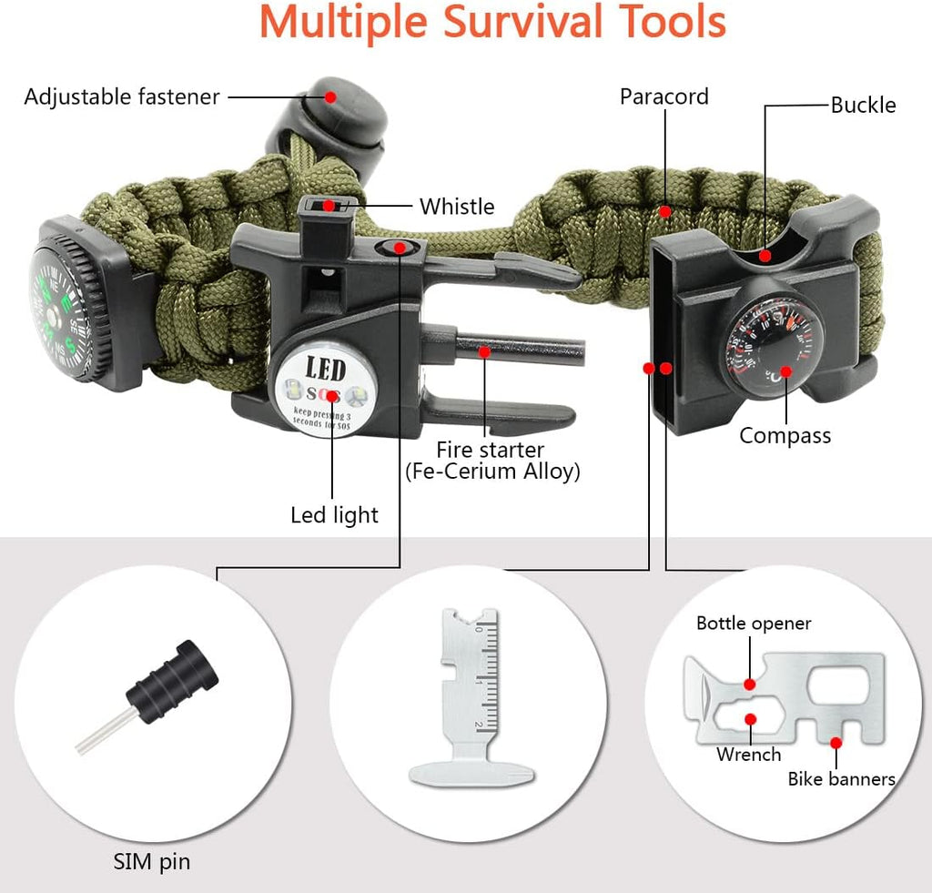 20 in 1 Survival Paracord Bracelet Adjustable Gear Kit with SOS LED Light, Fire Starter, Bigger Compass, Survival Whistle, Perfect for Camping, Hiking, Fishing