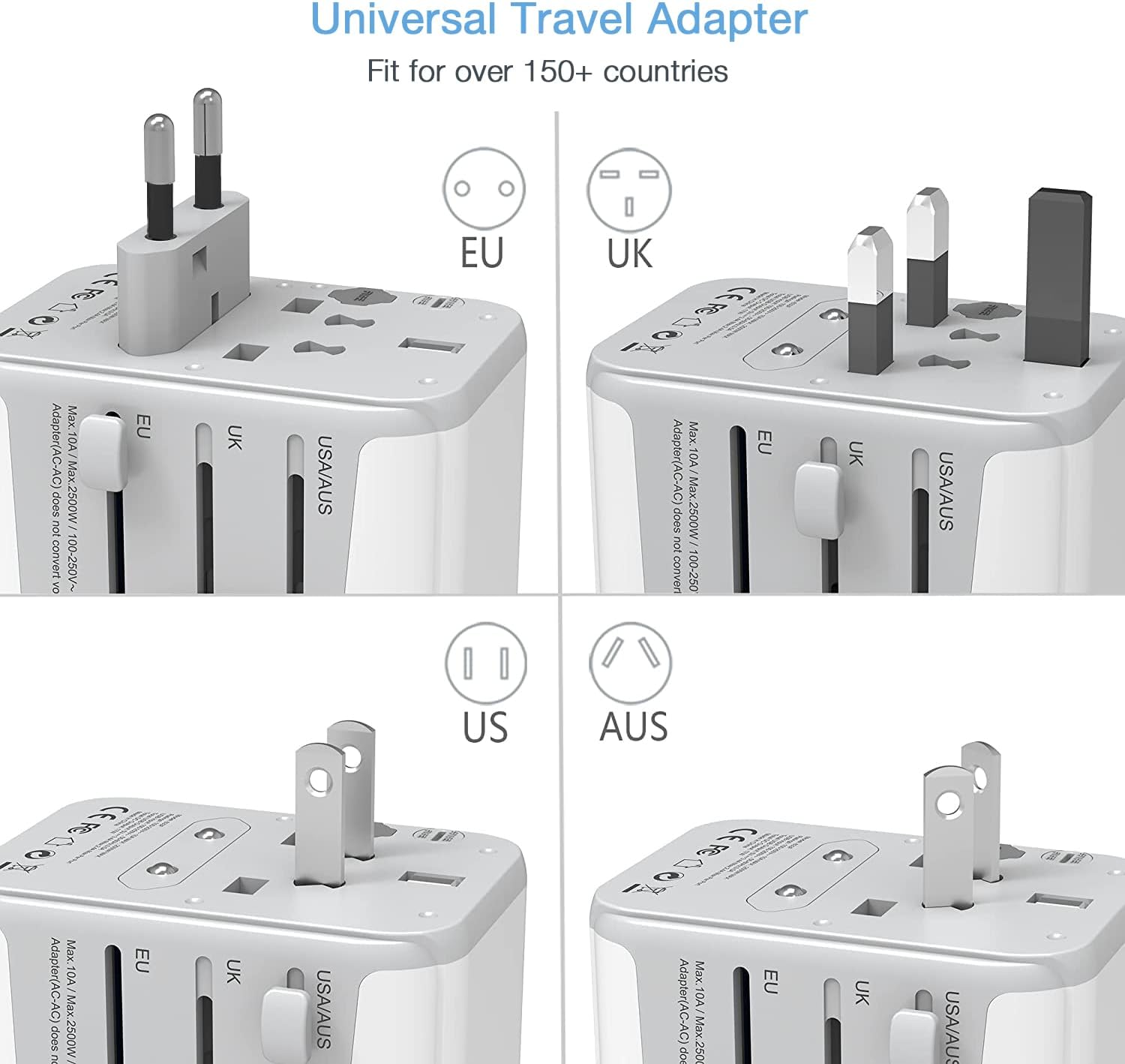 TESSAN Universal Travel Adapter, International Power Adapter with 4 USB Ports (1 USB C), Worldwide Plug Adaptor Wall Charger for USA to Europe UK France Germany Spain Ireland Australia(Type C/G/A/I)