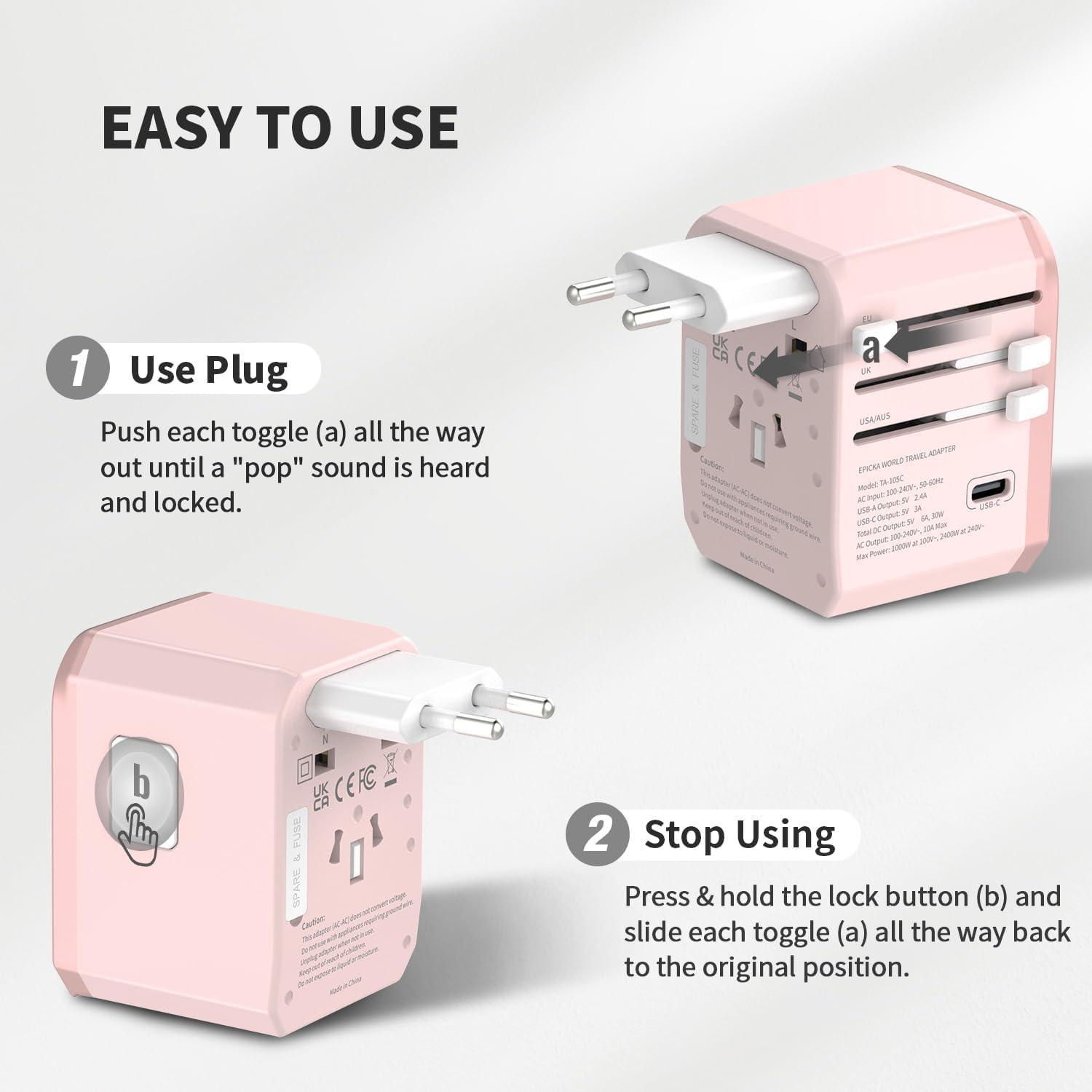 EPICKA Universal Travel Adapter, International Power Plug Adapter with 3 USB-C and 2 USB-A Ports, All-in-One Worldwide Wall Charger for USA EU UK AUS (TA-105C, Pink)