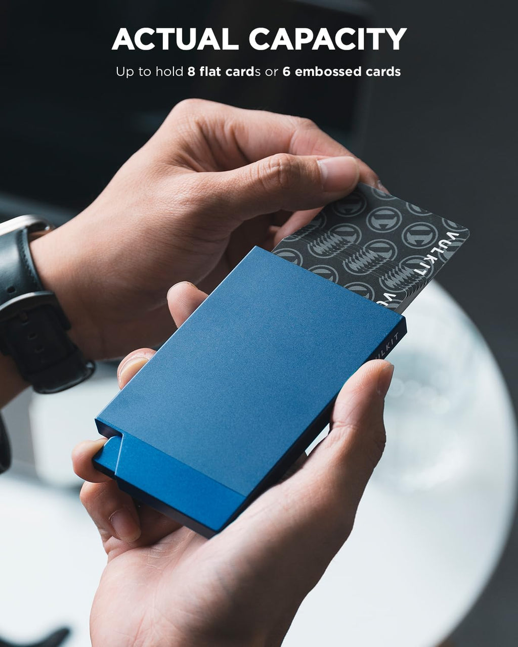 VULKIT Pop up Card Holder Minimalist Credit Card Holder RFID Blocking Slim Metal Card Case for Men or Women(Navy)