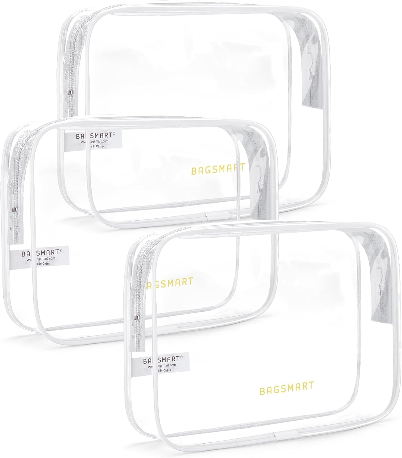 BAGSMART Clear Toiletry Bag, 3 Packs TSA Approved Water Resistant Quart Size Travel Organizer, Airport Airline Travel Essential Carry On Makeup Cosmetic Bags for Women, White