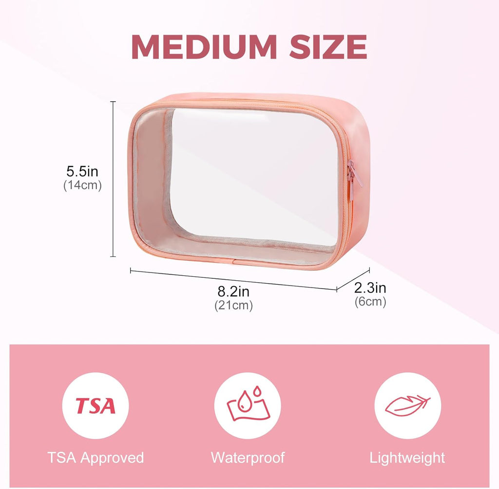 Moyad TSA Approved Clear Toiletry Bag, 1 Pack Quart Size 3-1-1 Liquids Pouch for Travel, Transparent Makeup & Cosmetic Organizer for Women Men, Peach Pink
