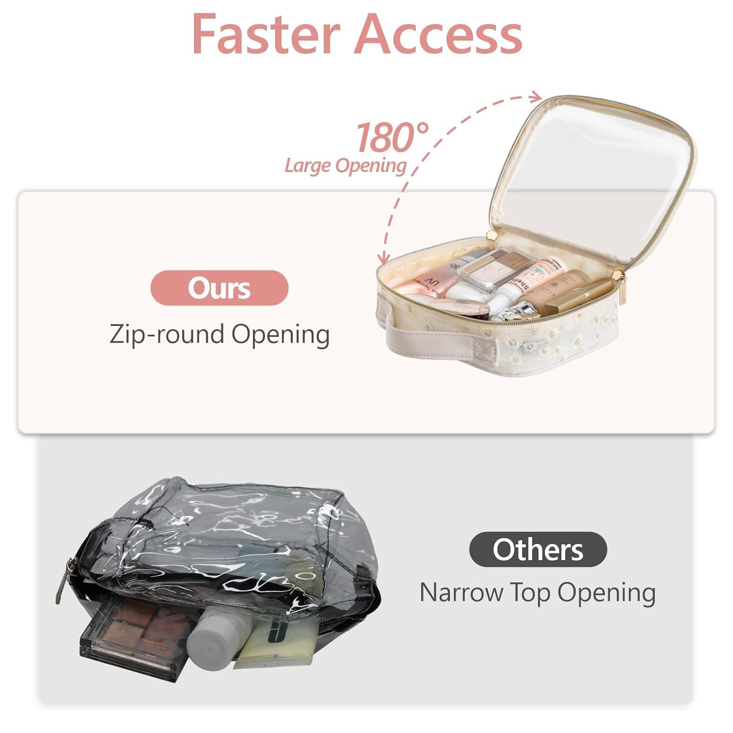 PACKISM Floral Texture TSA Approved Toiletry Bag - 180° Large Opening Clear Makeup Bags with Handle, Easily Access, Quart Size Travel Bag TSA Approved, Thick Non-deformable No Smell, Beige