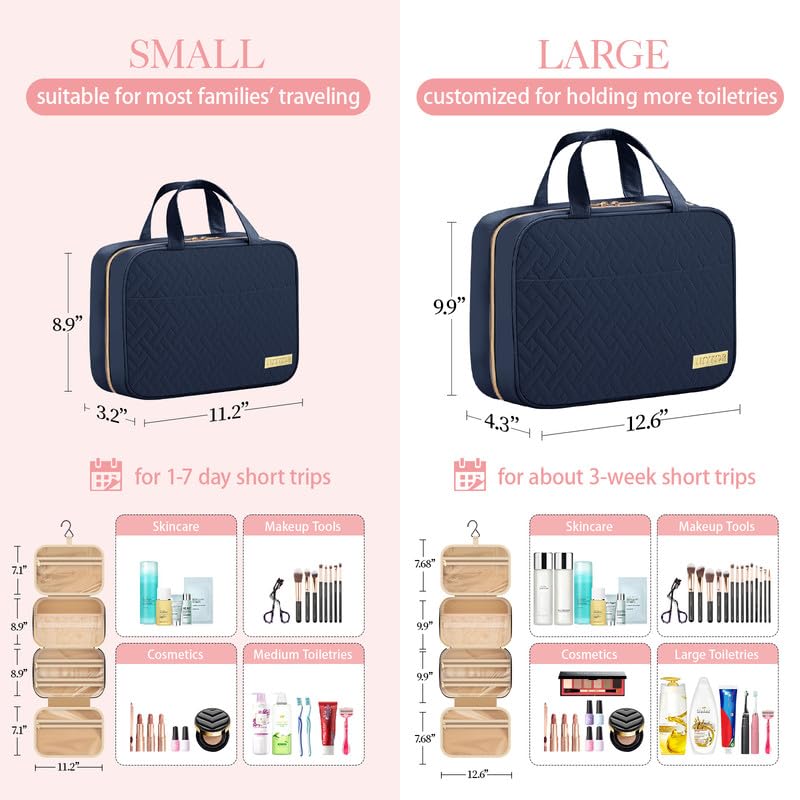 HOTOR Travel Toiletry Bag w/Hanging Hook - Spacious Toiletry Bag Essentials for Women & Men, Makeup Bag/Big Comparment, Waterproof for Travel Accessories, Medium, Navy Blue