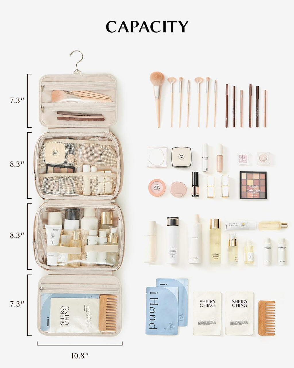 EACHY Toiletry Bag with Hanging Hook, Travel Makeup Bag PU Leather Cosmetic Bags for Women Make Up Organizer with 4 Compartments Waterproof Full-Size Portable Travel Essentials (Trench，Pro)