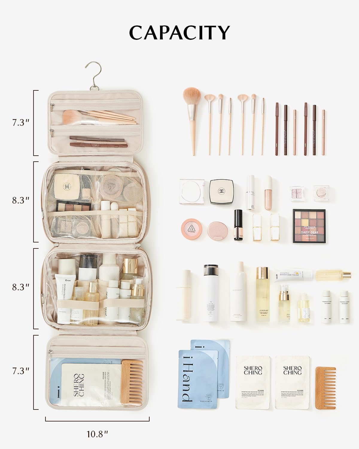 EACHY Toiletry Bag with Hanging Hook, Travel Makeup Bag PU Leather Cosmetic Bags for Women Make Up Organizer with 4 Compartments Waterproof Full-Size Portable Travel Essentials (Trench，Pro)