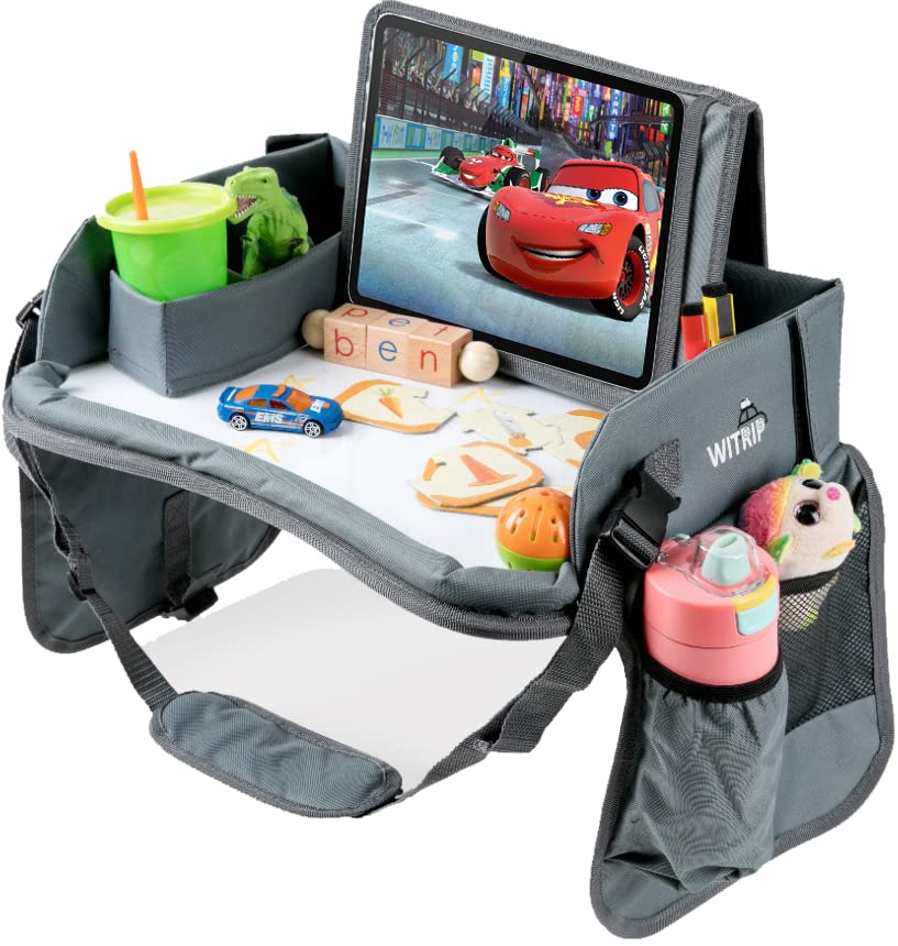 Kids Travel Tray with Dry Erase Board, Travel Tray for Kids Car Seat, Carseat Table Trays for Toddler, Kid Activity Desk for Air Travel, No-Drop Tablet Holder & Borders (All Grey)