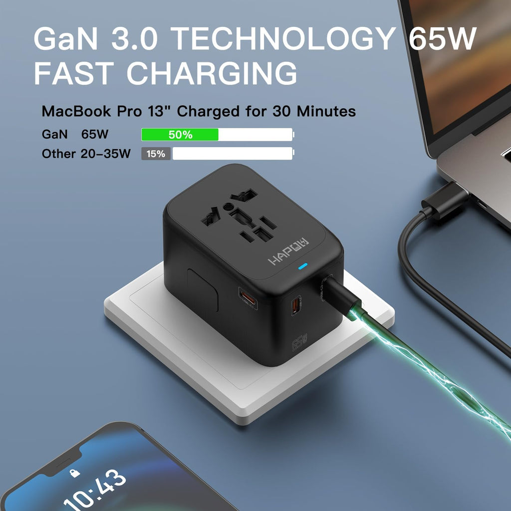 Universal Travel Adapter, GaN 65W International Power Adapter, 3 USB-C & 1 USB-A Fast Charging Travel Charger, All in One Worldwide Travel Plug Adapter, Outlet Adapter for Europe UK USA AU