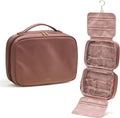 EACHY Hanging Toiletry Bag, Satin 4 Compartments Travel Toiletry Bags for Women, Large Capacity Make Up Organizer Bag with Handle & Compartments (Rose-Pink, L)