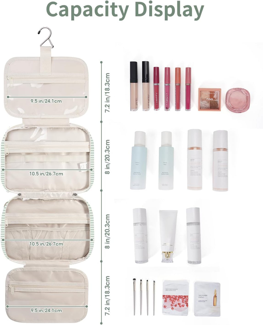 Narwey Striped Hanging Toiletry Bag for Women Travel Makeup Bag Organizer Toiletries Bag for Travel Size Essentials Accessories Cosmetics (Mint Green Stripe (Medium))