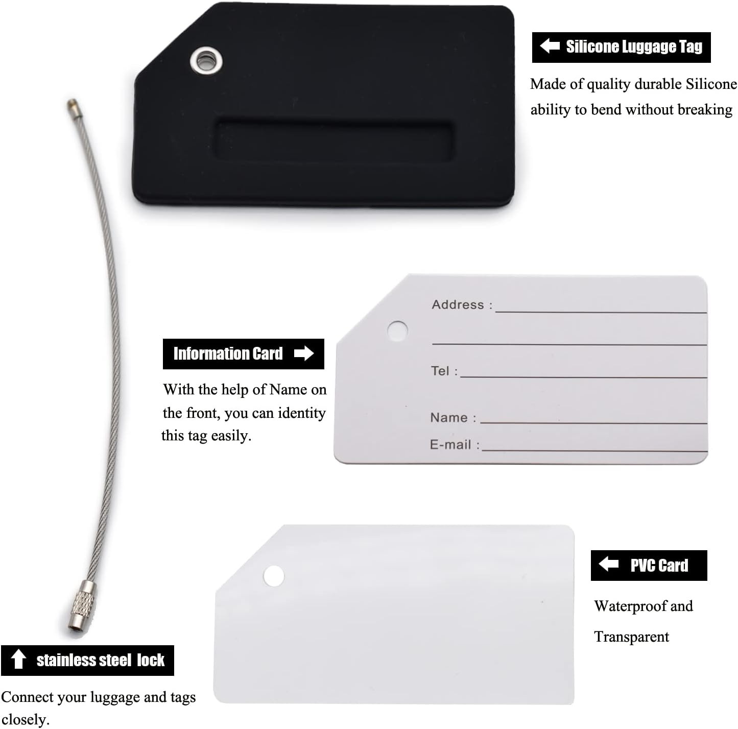 7 Pack Silicone Luggage Tag Baggage Handbag Travel Bag Tags with Name ID Card Perfect to Quickly Spot Luggage Suitcases (Black)