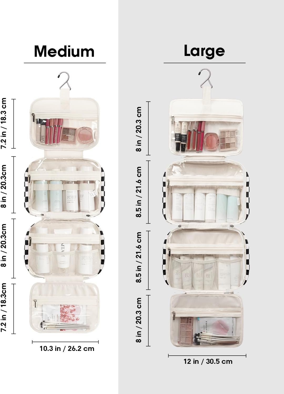 Narwey Hanging Toiletry Bag for Women Travel Makeup Bag Organizer Toiletries Bag for Travel Size Essentials Accessories Cosmetics (Black Checkerboard (Medium))