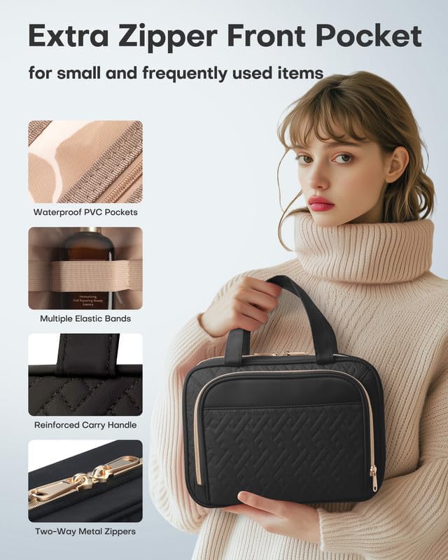 HOTOR Travel Toiletry Bag for Women & Men, Waterproof Makeup Bag with Hanging Hook and Multiple Pockets, Cosmetic Bags for Women, Travel Essentials, 11.2'' x 3.2'' x 8.9'', Black