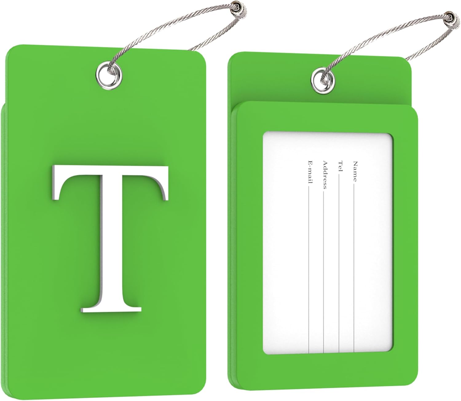Gostwo 2 Pack Luggage Tags for Suitcases, 26 Initial Letter Travel Luggage Baggage Identification Labels ID Tag Fully Bendable Tags with Stainless Steel Loop (Green) (Letter T)