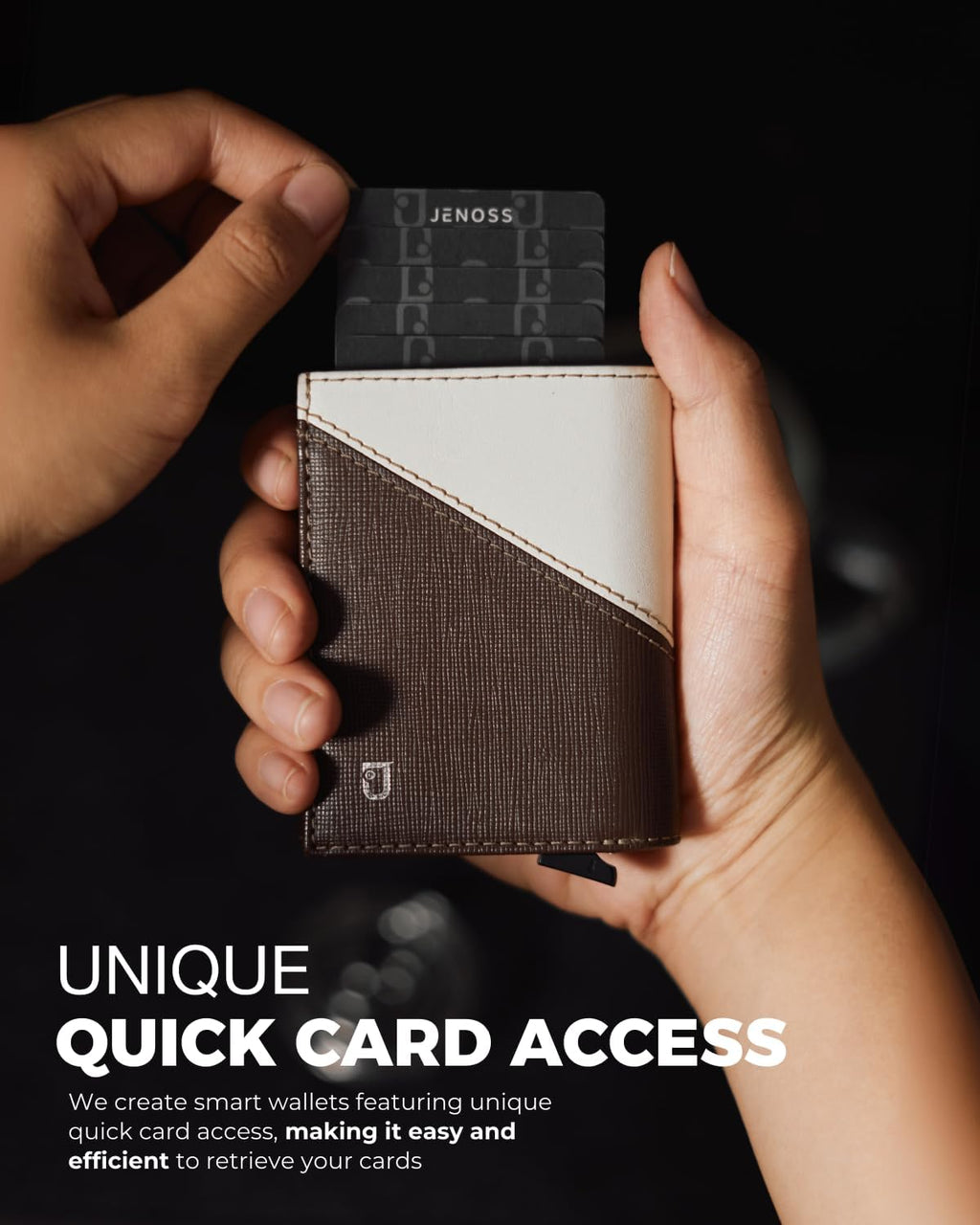 Jenoss Smart Wallet For Men: Full Grain Leather, Handcrafted, Slide Metal Pop Up Case, Slim RFID Blocking Credit Card Holder, Compact 12 Cards Slot Organizers, ID, Money Clip (Brown & Cream)