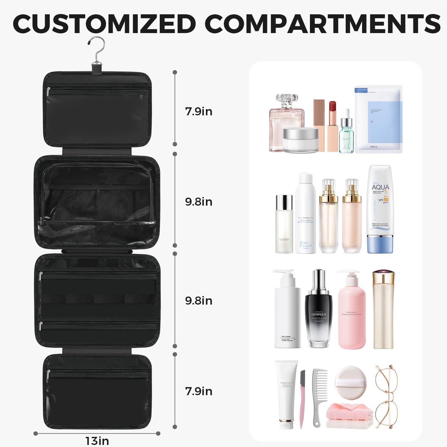 Toiletry Bag For women,Portable Hanging Organizer,4 Leakproof Compartment for full-sized Conditioner, Brushes Set, Makeup Accessories,Visible and easy to access.L-black