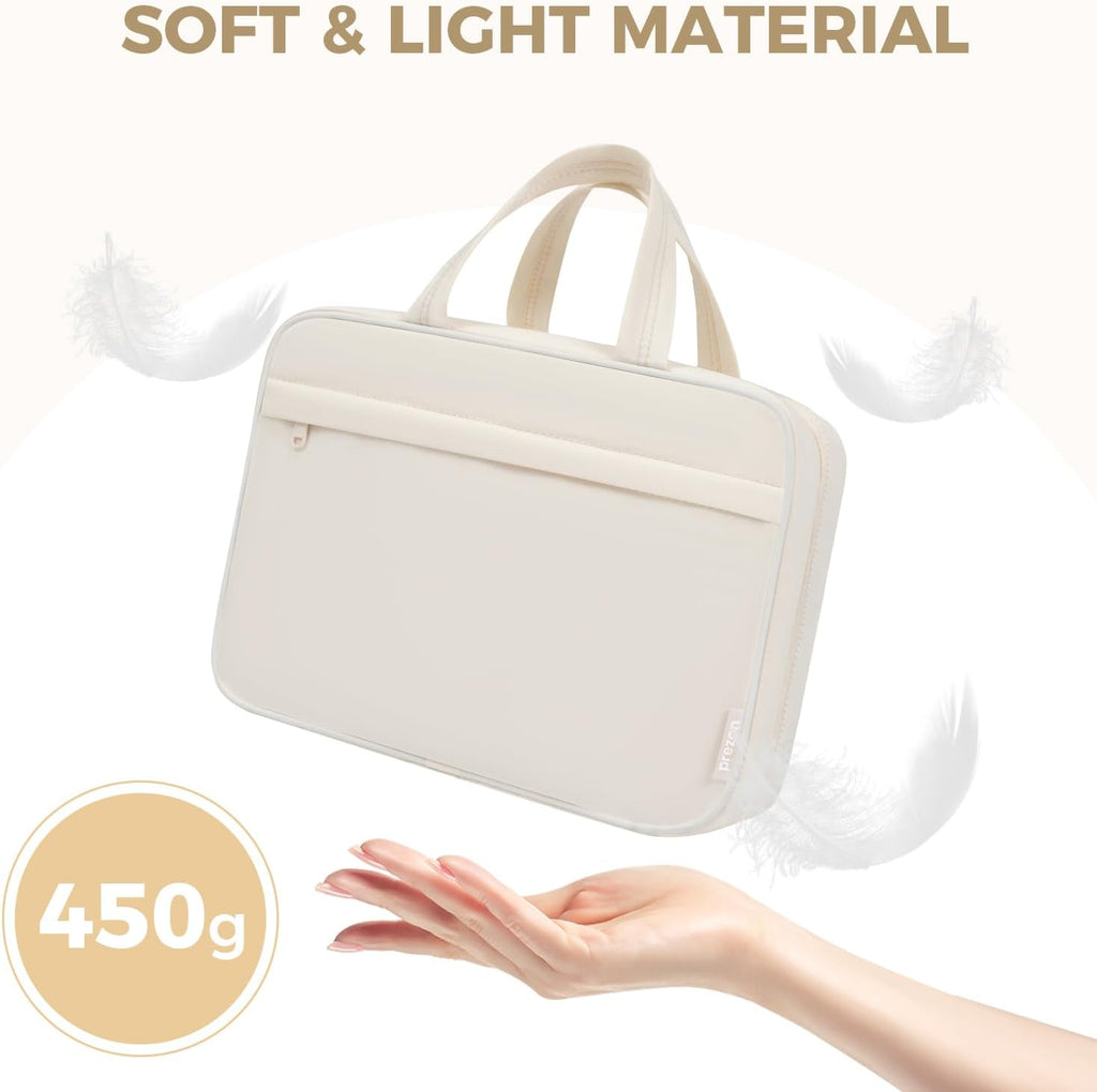 Toiletry Bag For women,Portable Hanging Organizer,4 Leakproof Compartment for full-sized Conditioner, Brushes Set, Makeup Accessories,Visible and easy to access.L-beige