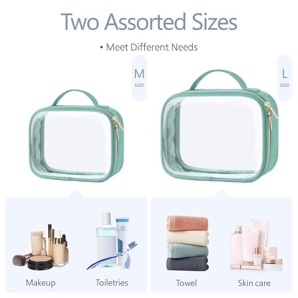 PACKISM TSA Approved Toiletry Bag, 2 Pack Clear Makeup Bags with Handle Large Opening, Clear Toiletry Bags Fit Carry-on Travel Essential, Travel Bags for Toiletries, Turquoise Green