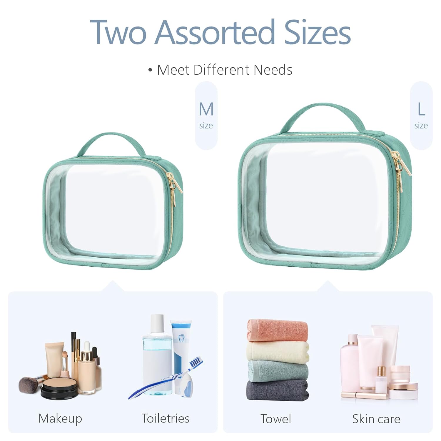 PACKISM TSA Approved Toiletry Bag, 2 Pack Clear Makeup Bags with Handle Large Opening, Clear Toiletry Bags Fit Carry-on Travel Essential, Travel Bags for Toiletries, Turquoise Green