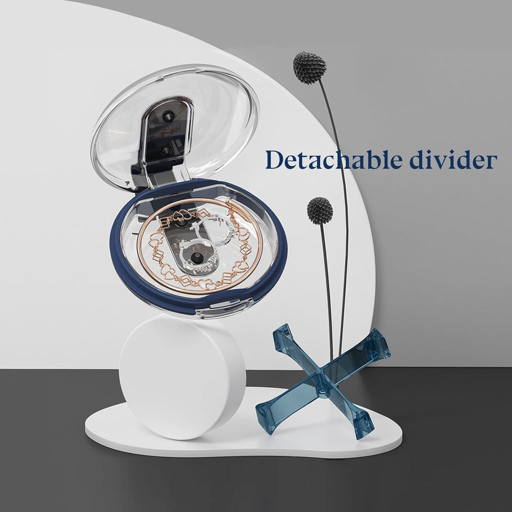 1 Pack Easy-to-Hold Small Round Blue Pill Organizer with Decorative Strap, 4 Compartments, Compact Travel Pill Box Case, Portable and Moistureproof to Store Vitamins, Medication and Supplements