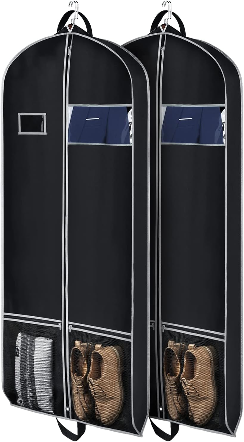 Zilink Long Garment Bags for Dresses Coat Bags for Travel and Storage 60 inches Gusseted Suit Cover Protector for with 2 Large Mesh Pockets and 2 Carry Handles for Suit Coat, Dress, Tuxedos Set of 2