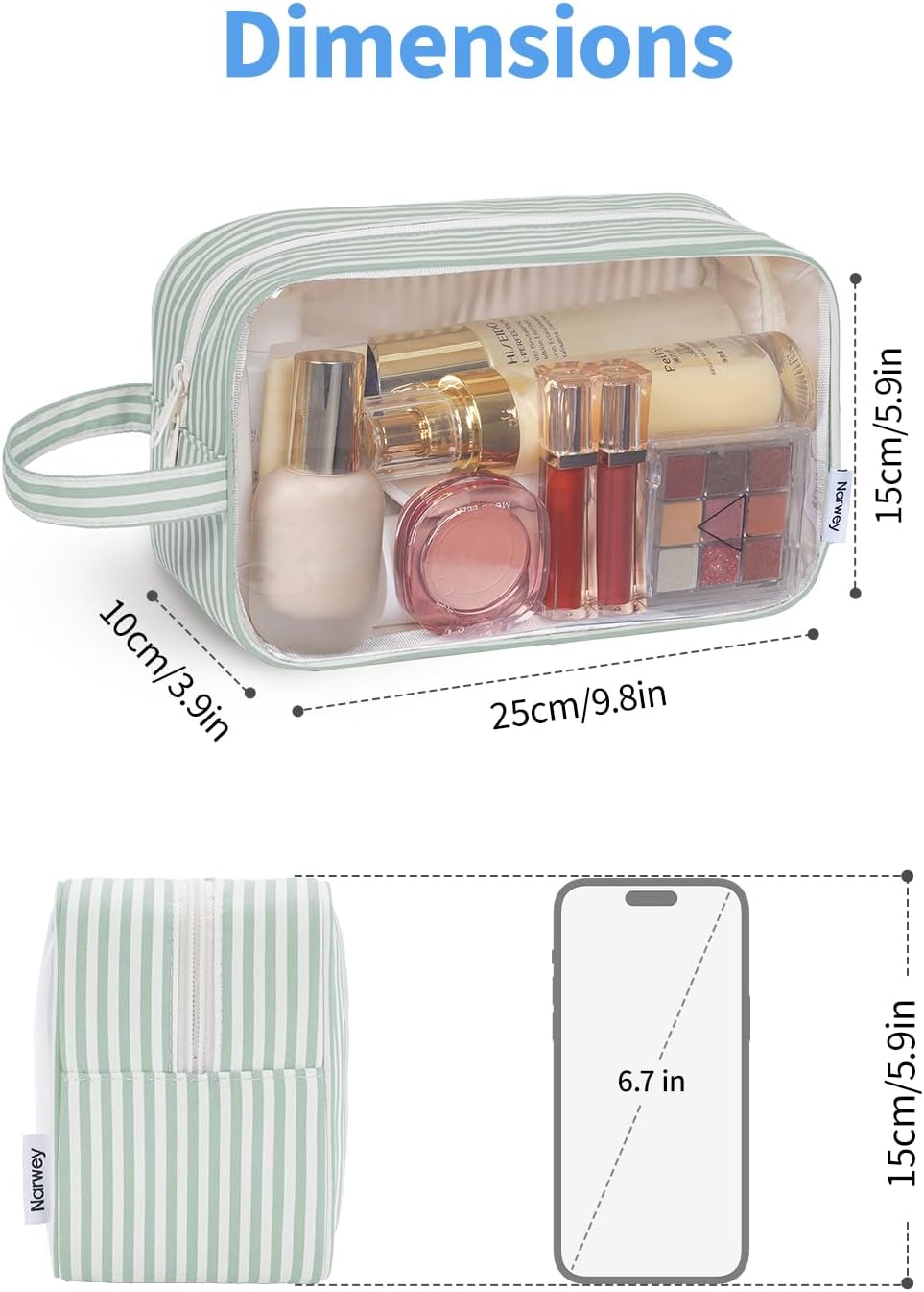 Narwey Clear Toiletry Bags for Traveling Women Men, Clear Travel Bags for Toiletries Makeup Bag Cosmetic Bag with Zipper, Make Up Organizer, Skincare Bag (Mint Green Stripe)