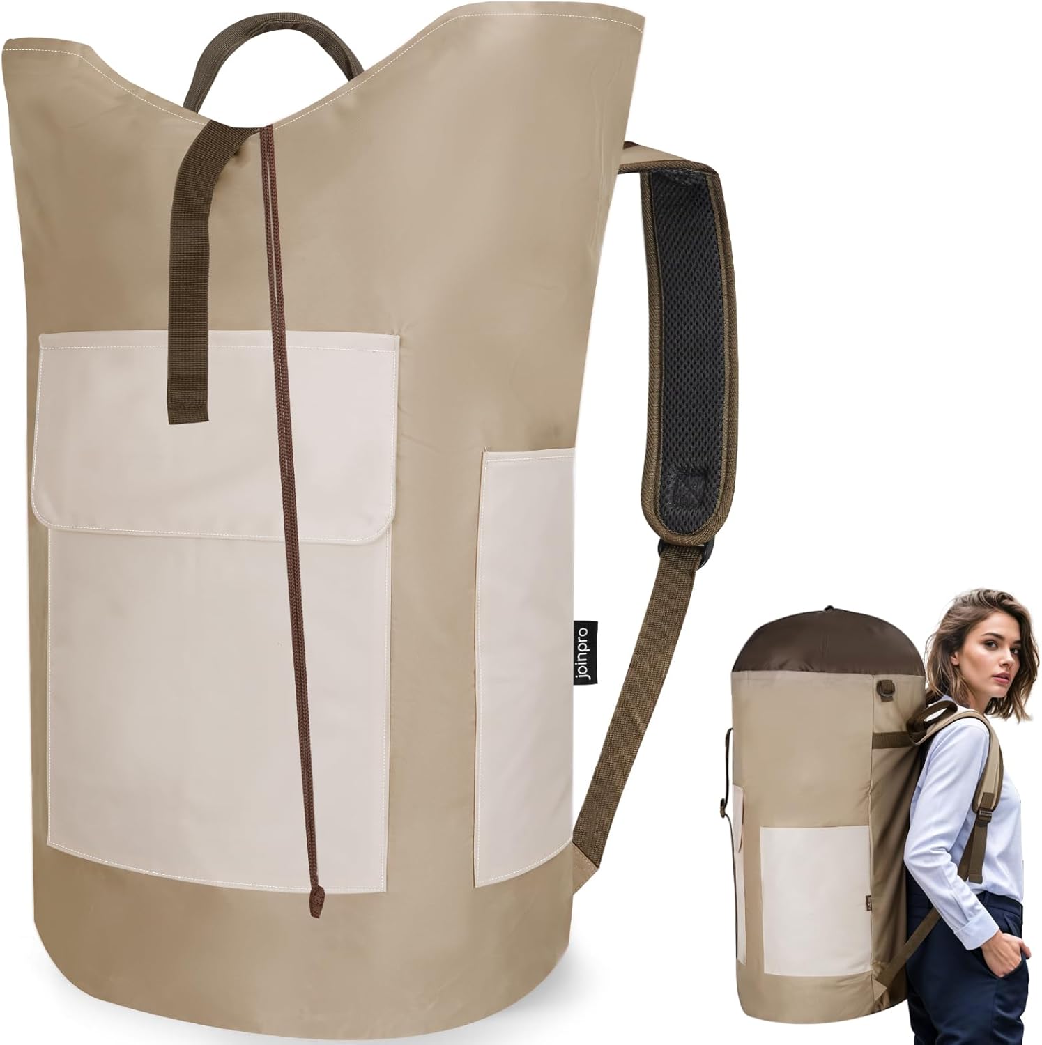 Laundry Bag Backpack, 125L Extra Large Travel with Shoulder Straps, Adjustable & Extendable Design, Laundry Hamper Bag with 3 Pockets for Laundromat, College, Travel, Camping (Brown)