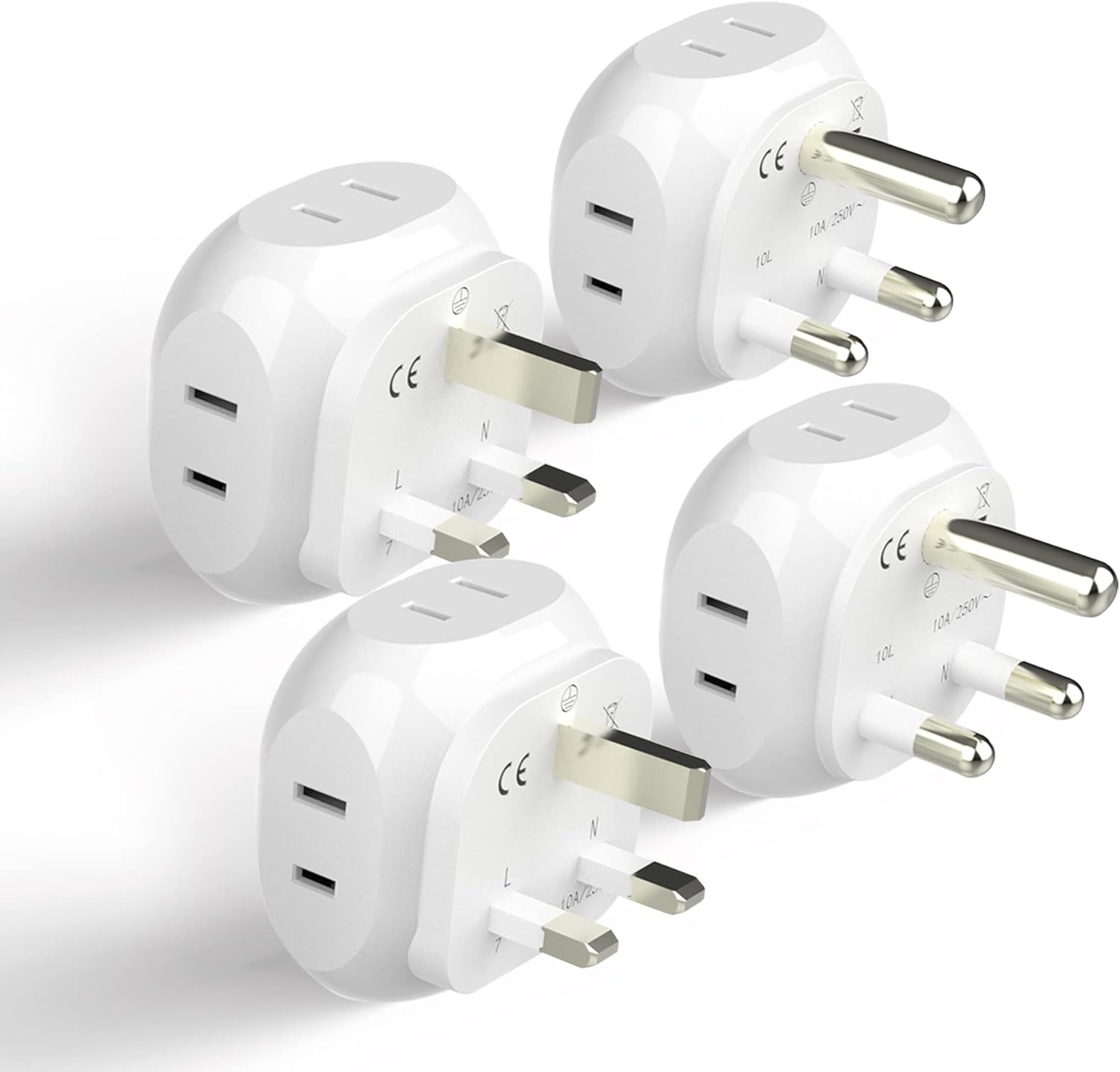 Ceptics South Africa Travel Plug Adapter Set - 4 Input - Ultra Compact - Light Weight - Type M and Type G - USA to Any Type M Countries Such as Botswana, Namibia - 4 Pack (PT-7-10L-4PK),White