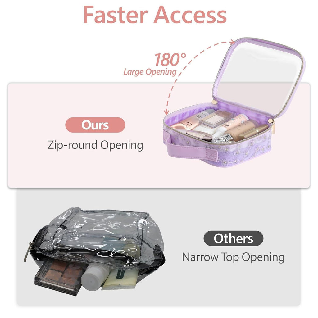 PACKISM Floral Texture TSA Approved Toiletry Bag - 180° Large Opening Clear Makeup Bags with Handle, Easily Access, Clear Travel Bags for Toiletries TSA Approved, Thick 0.5 mm, Purple