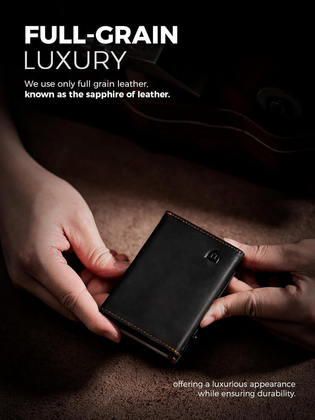 LORZOR Wallet for Men with Metal Card Holder, Pop Up Wallet, Finest Full Grain Leather Trifold Wallet, Smart, Minimalist, RFID Blocking, Front Pocket, ID Window, Black/Orange