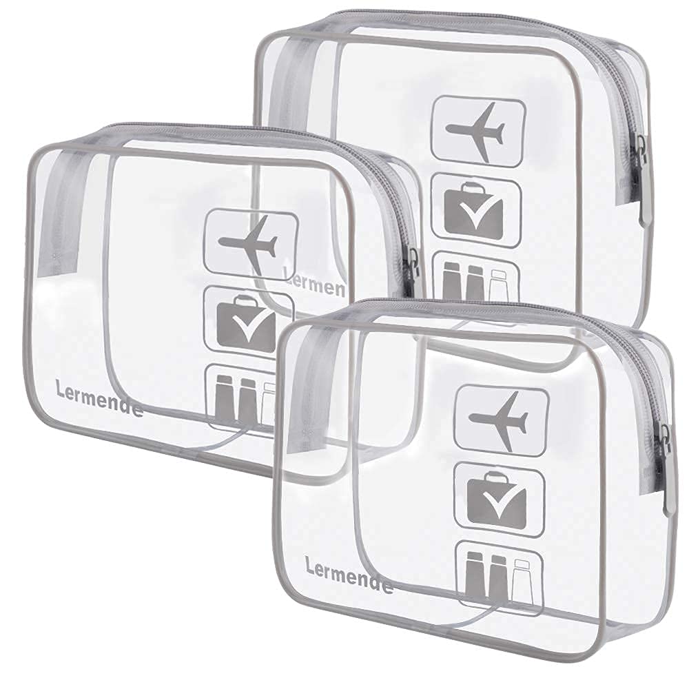 Lermende 2pcs Clear Toiletry Bag TSA Approved Travel Bag,Carry On for Travel,Airport Airline Accessories Compliant Bag,Quart Sized Makeup Cosmetic bag Women Men (Gray, 3 Pack)