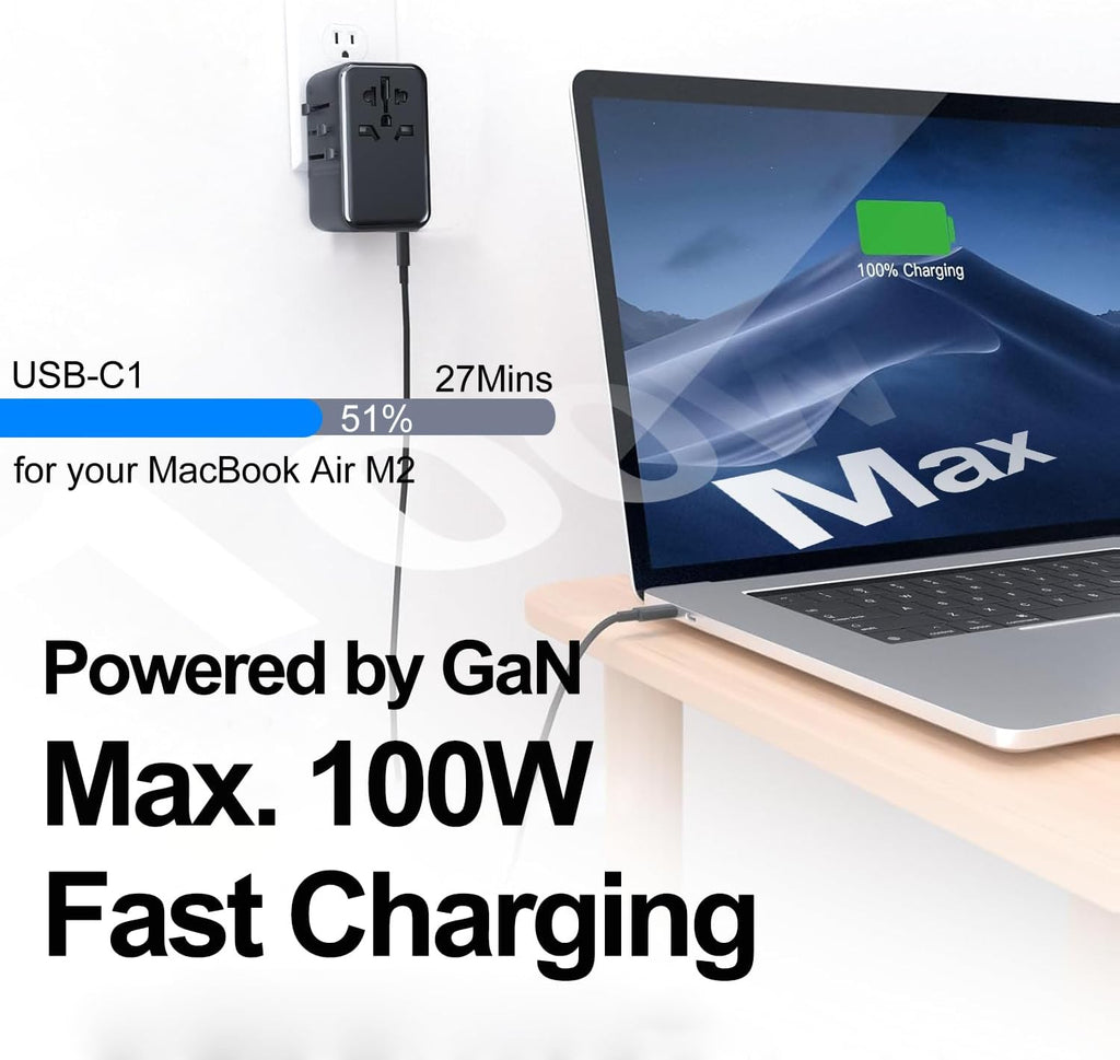 JMFONE Universal Travel Adapter with GaN 100W,International Power Plug Adapter 5 Port [4*USB C+1*USB A] and Multi AC Sockets, All-in-one Travel Outlet Plugs for 200+ Countries