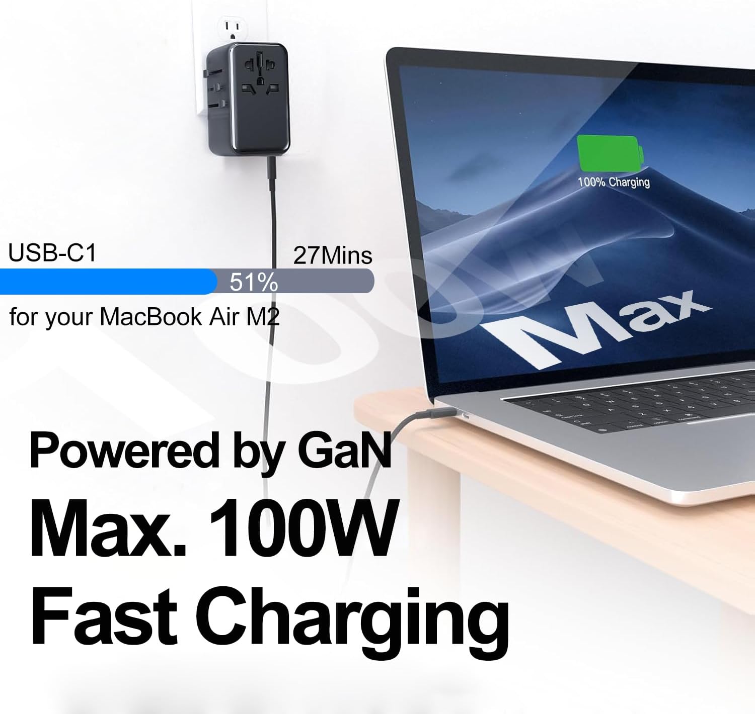 JMFONE Universal Travel Adapter with GaN 100W,International Power Plug Adapter 5 Port [4*USB C+1*USB A] and Multi AC Sockets, All-in-one Travel Outlet Plugs for 200+ Countries