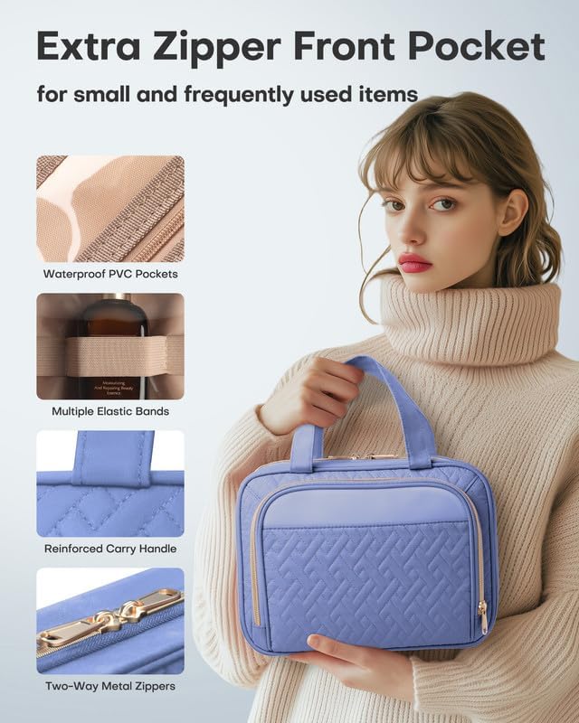 HOTOR Travel Toiletry Bag for Women & Men, Waterproof Makeup Bag with Hanging Hook and Multiple Pockets, Cosmetic Bags for Women, Travel Essentials, 11.2'' x 3.2'' x 8.9'', Aegean-Blue