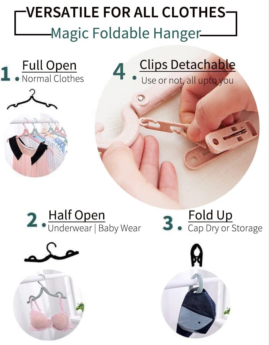 Portable Foldable Clothes Hanger, Plastic Travel Foldable Coat Hangers Clothes Drying Rack with 5 Holes Folding Hangers with Clips for Travel (2 Racks+5 Hanger)