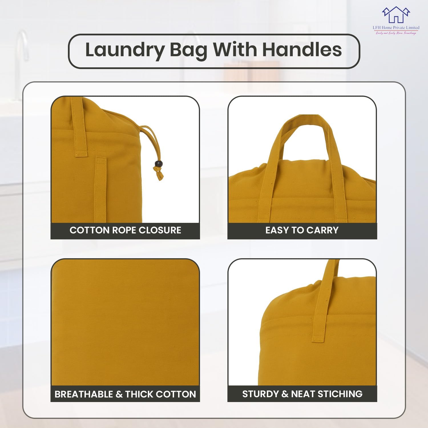 LFH Home Cotton Canvas Large Laundry Bag with Handle, Heavy Duty Drawstring Closure Washable Laundry Bags, School Travel, Home, Hotel, College Dorm, Organizer Sack, Toys Clothes 20x30-Yellow