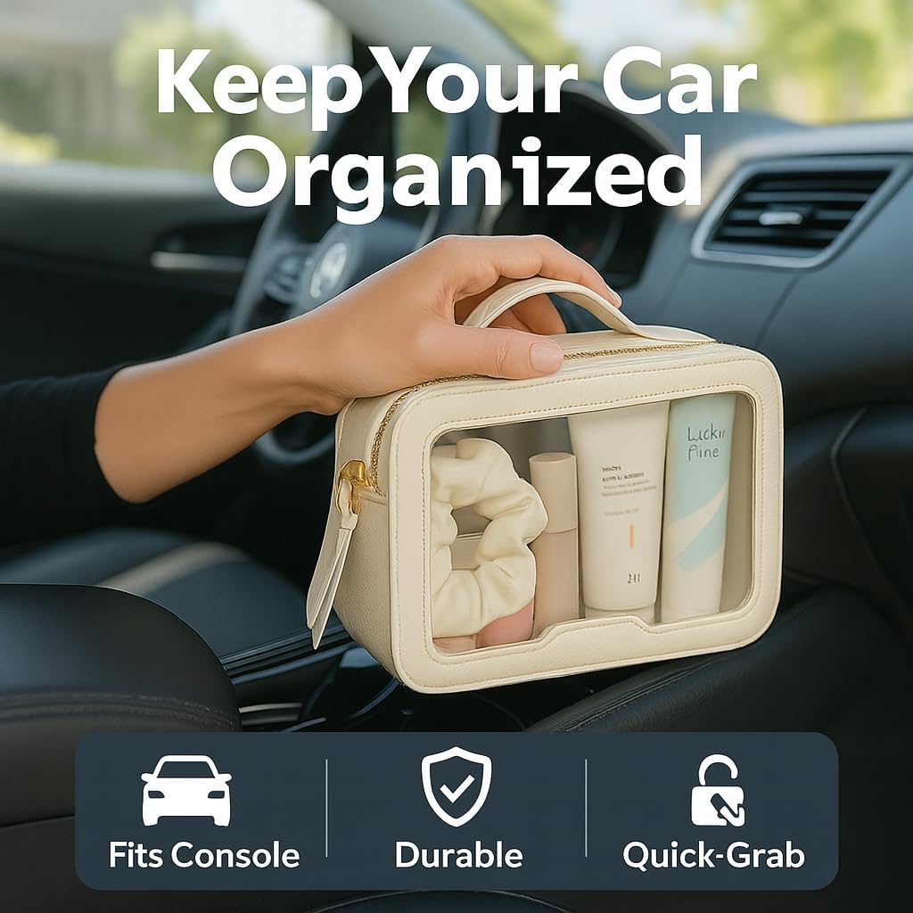 PACKISM Large Clear Makeup Bag - Pebbled Texture & Hard PU Leather Car Bag Organizer for Car Essentials, with Message Card Travel Cosmetic Bag for Women Gift (Cream Large)