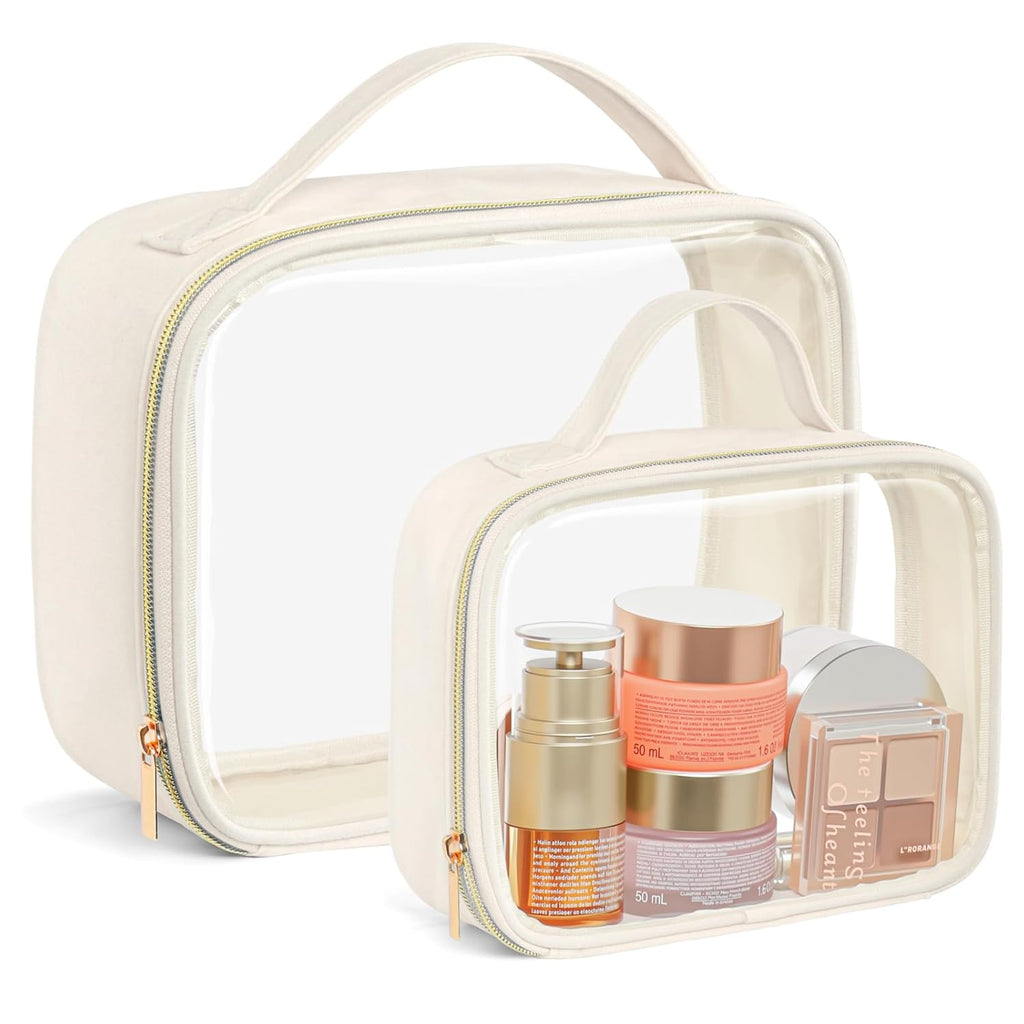 PACKISM Clear Makeup Bag - 2 Pack TSA Approved Toiletry Bag with Handle and 180° Large Opening, Sturdy Clear Toiletry Bag Fit Carry-on Travel Essential, Travel Bags for Toiletries, Creamy Off-White