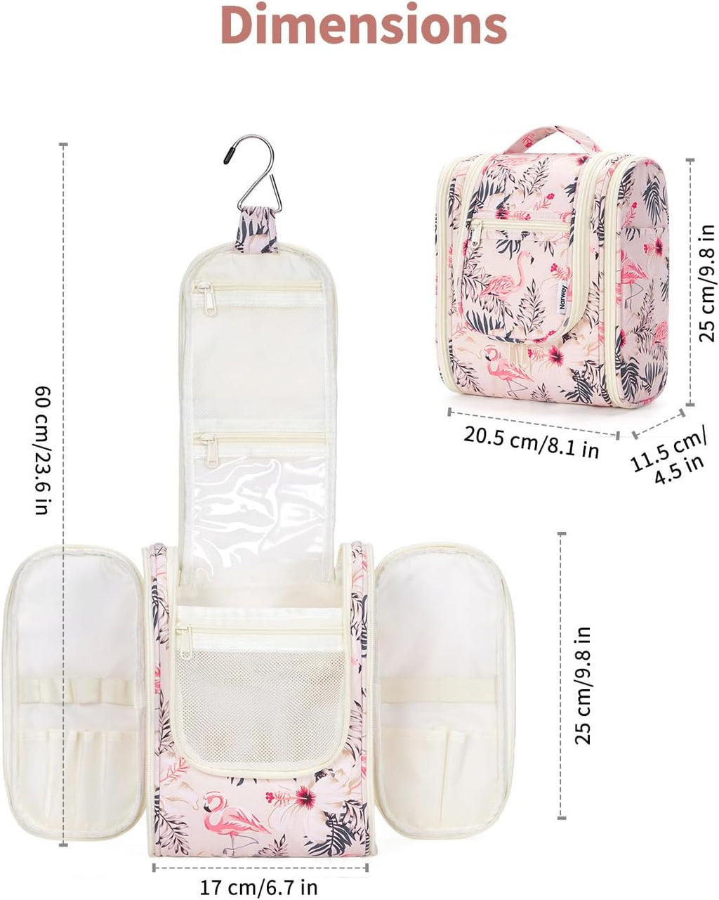 Narwey Small Hanging Toiletry Bag Women Travel Makeup Bag Organizer Toiletries Bag for Travel Size Essentials Accessories Cosmetics(Medium, Beige Bird)