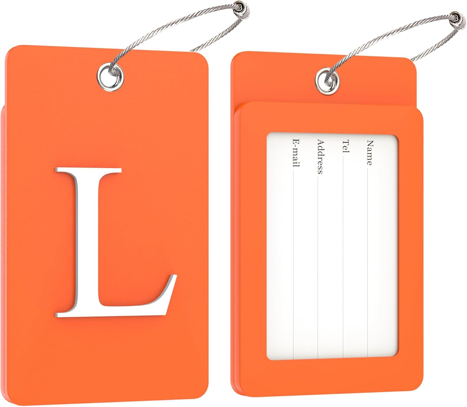 Gostwo 2 Pack Luggage Tags for Suitcases, 26 Initial Letter Travel Luggage Baggage Identification Labels ID Tag Fully Bendable Tags with Stainless Steel Loop (Orange) (Letter L)