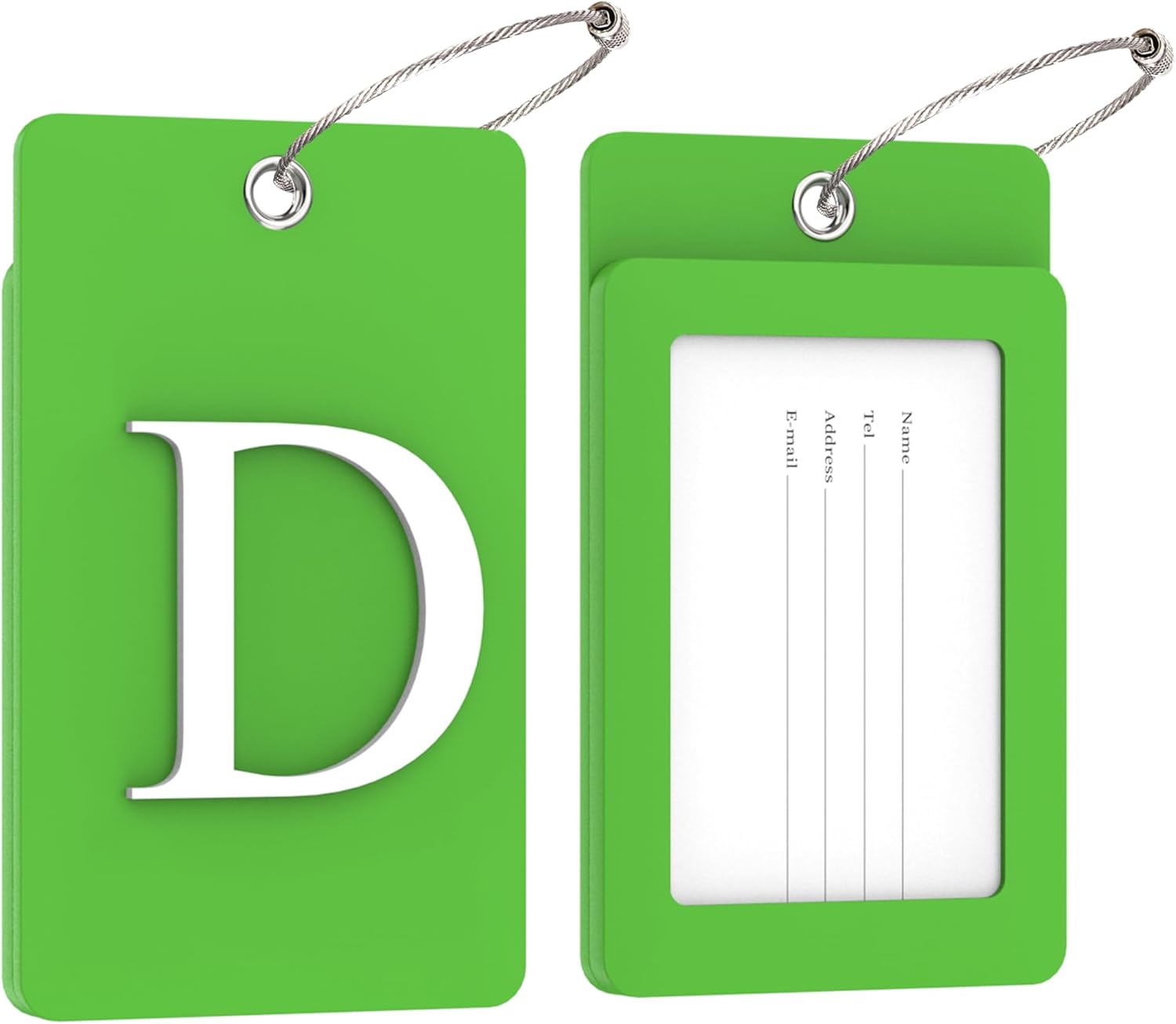 Gostwo 2 Pack Luggage Tags for Suitcases, 26 Initial Letter Travel Luggage Baggage Identification Labels ID Tag Fully Bendable Tags with Stainless Steel Loop (Green) (Letter D)