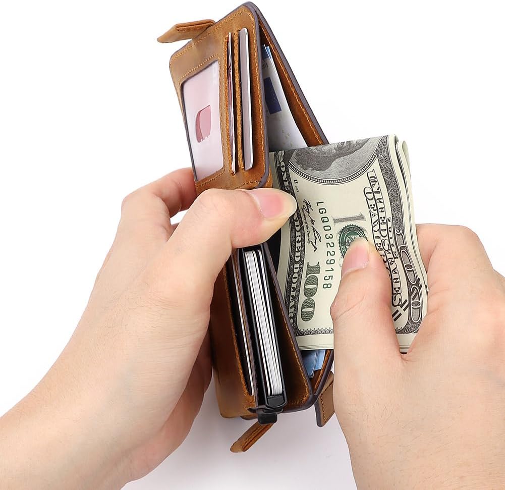 Mens Wallet Card Holder: Pop Up Aluminum Case, Genuine Leather, Smart, RFID Blocking, Slim, Minimalist, Front Pocket - 9-12Capacity (Brown)