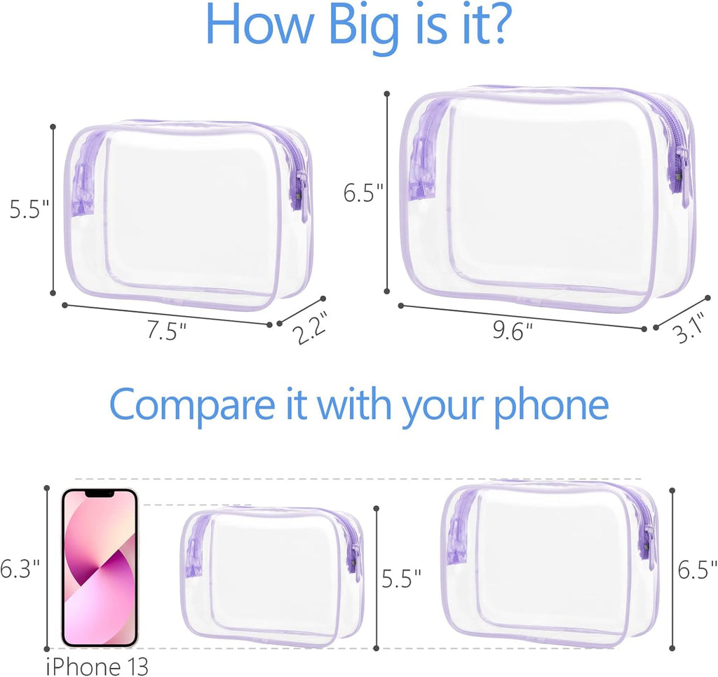 PACKISM Clear Makeup Bags - 2 Pack TSA Approved Toiletry Bags in 2 Size Clear Travels Bags for Toiletries, Cosmetic Bags Airport Carry on Compliant Bag, Light Purple